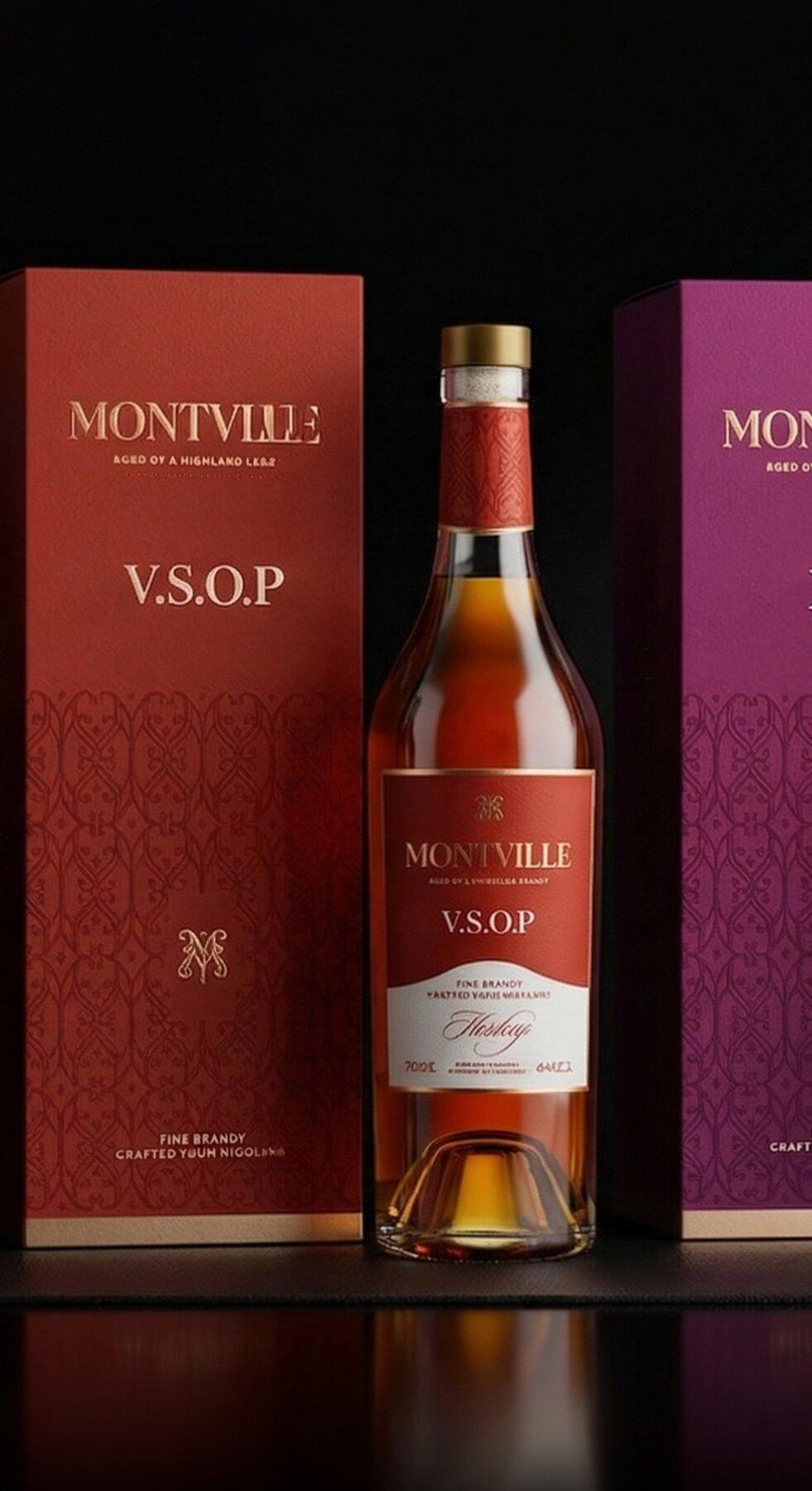 Montville V.S.O.P beside its estate-red presentation box.