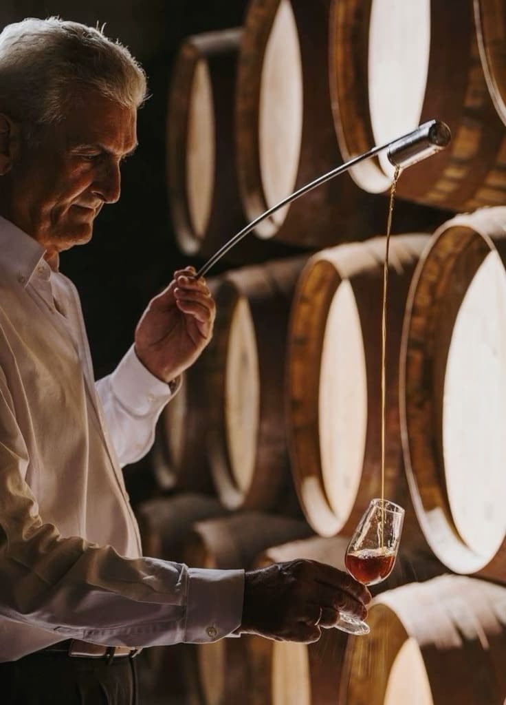 The cellar master drawing spirit from a barrel into a tasting glass.