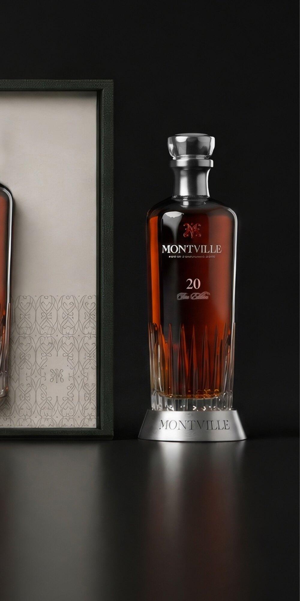 The Montville 20 Year Fine Edition decanter on its silver plinth beside the forest-green case.