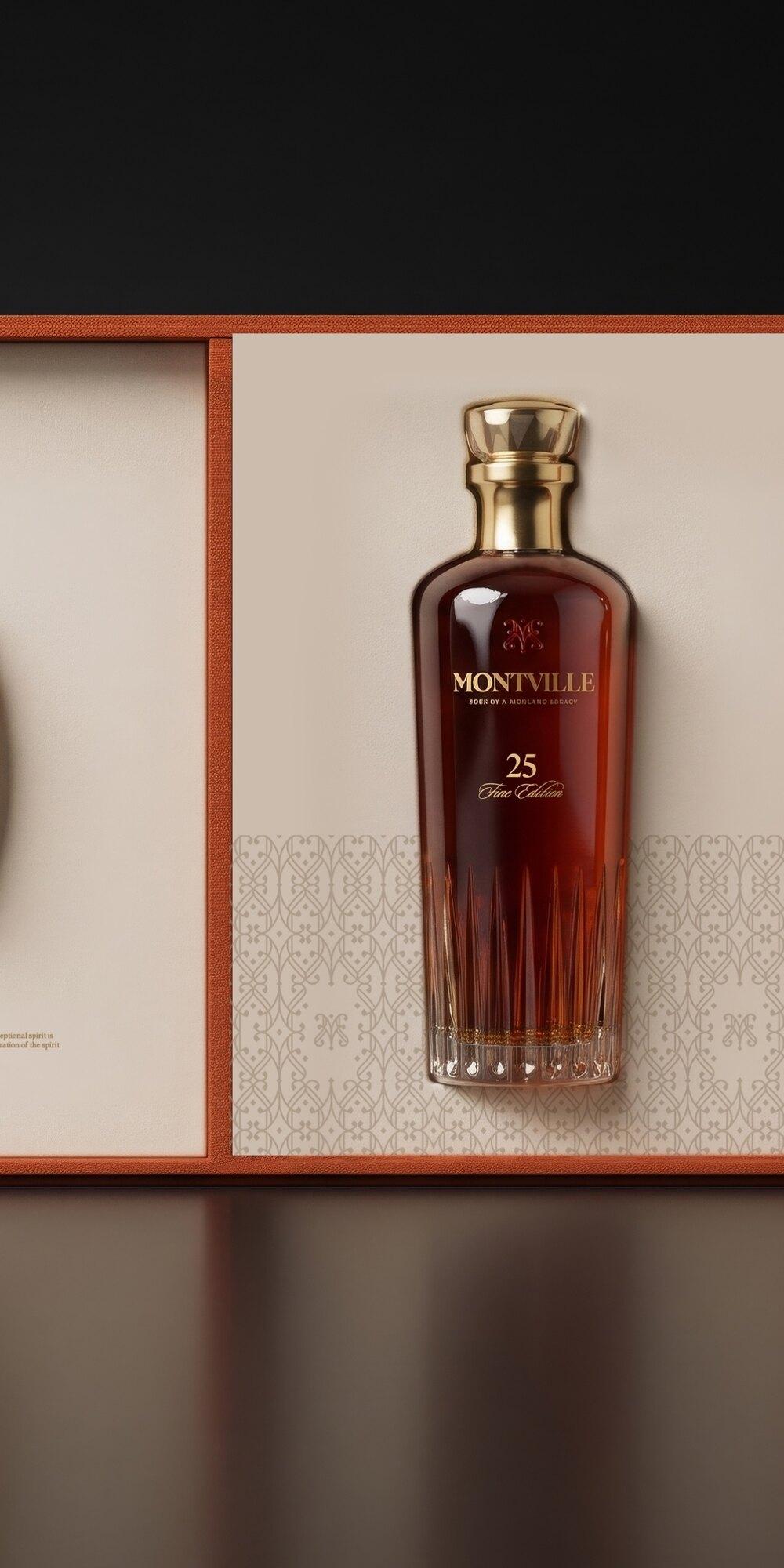 The Montville 25 Year Fine Edition decanter mounted inside its open estate-red presentation case.