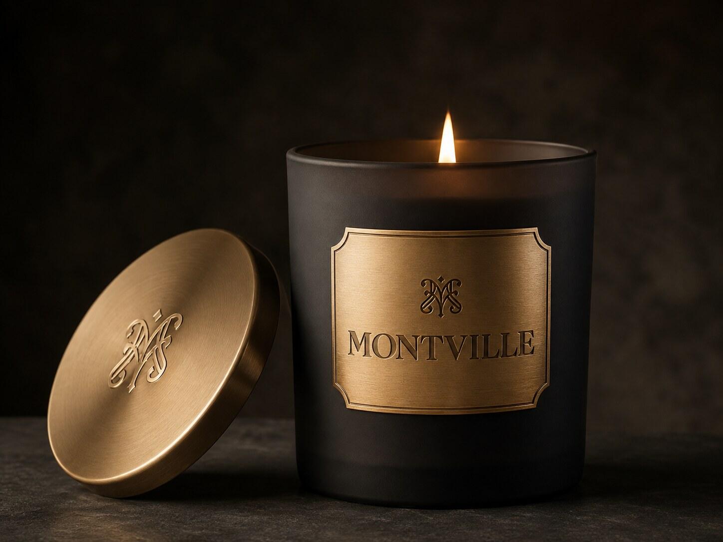 Une bougie Montville allumée dans un contenant noir mat à plaque de laiton, son couvercle de laiton posé à côté.