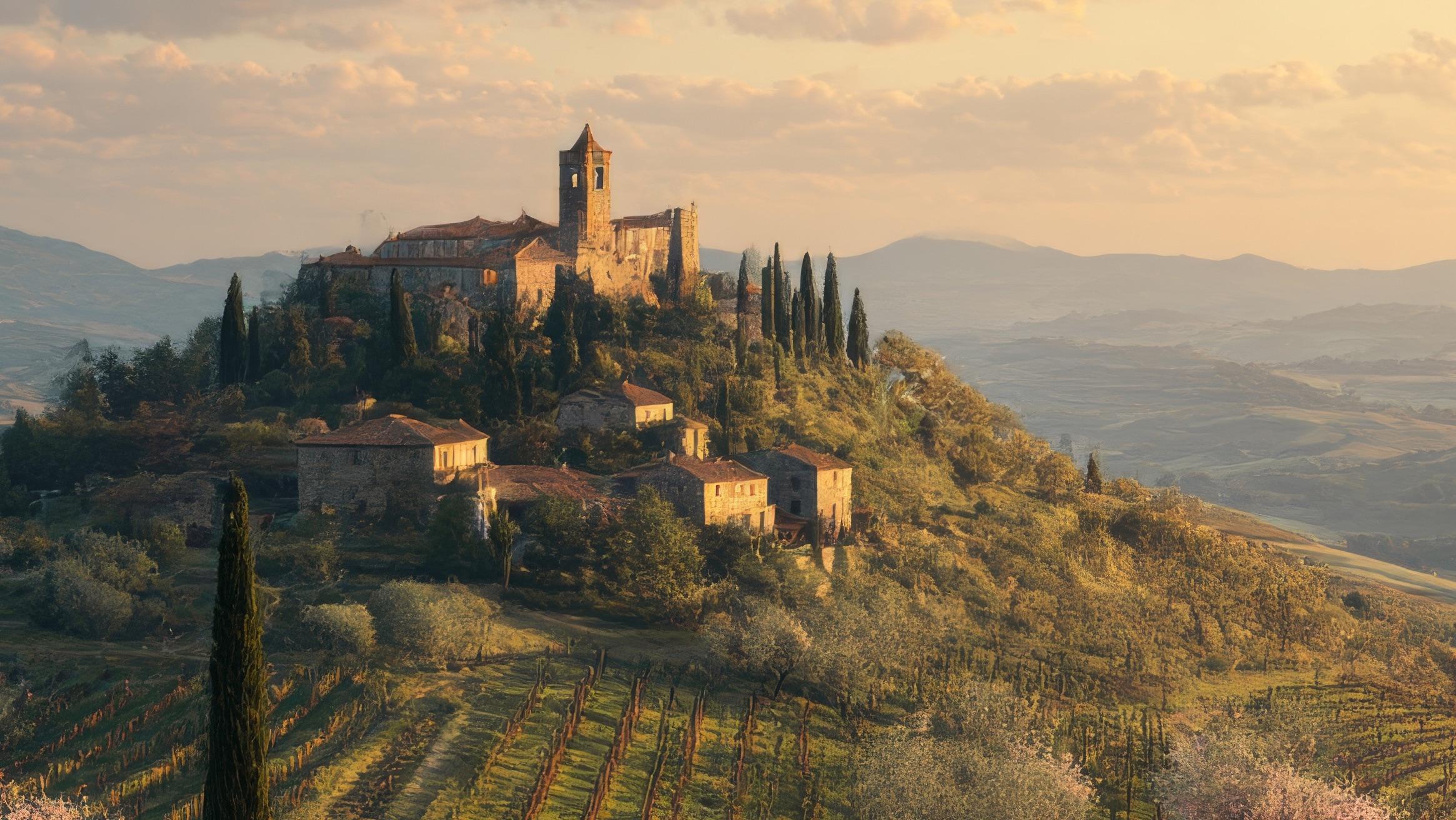Le domaine Montville sur sa colline, au-dessus des vignes en terrasses, à l'heure dorée.