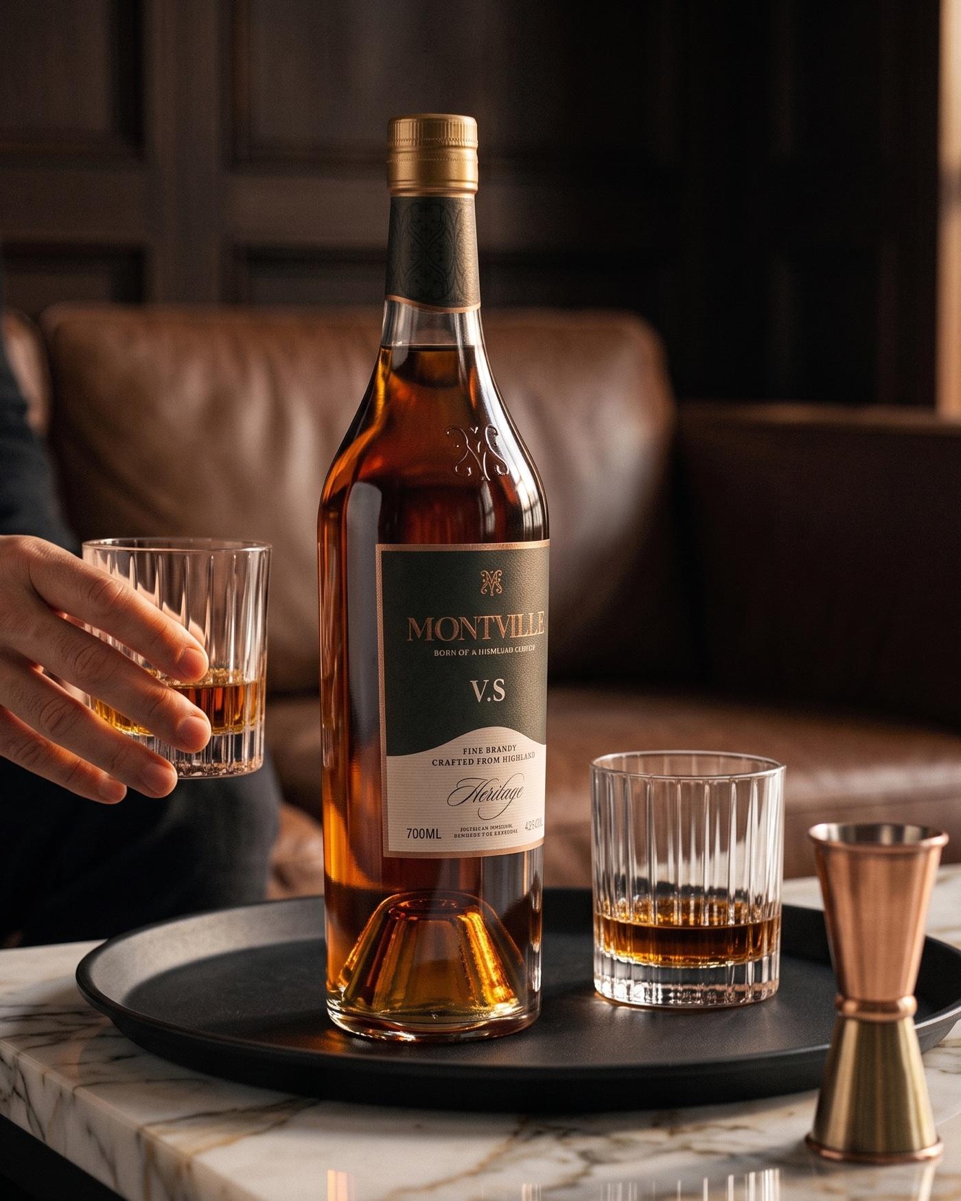 Montville V.S servi sur un plateau de marbre avec un verre en cristal taillé.