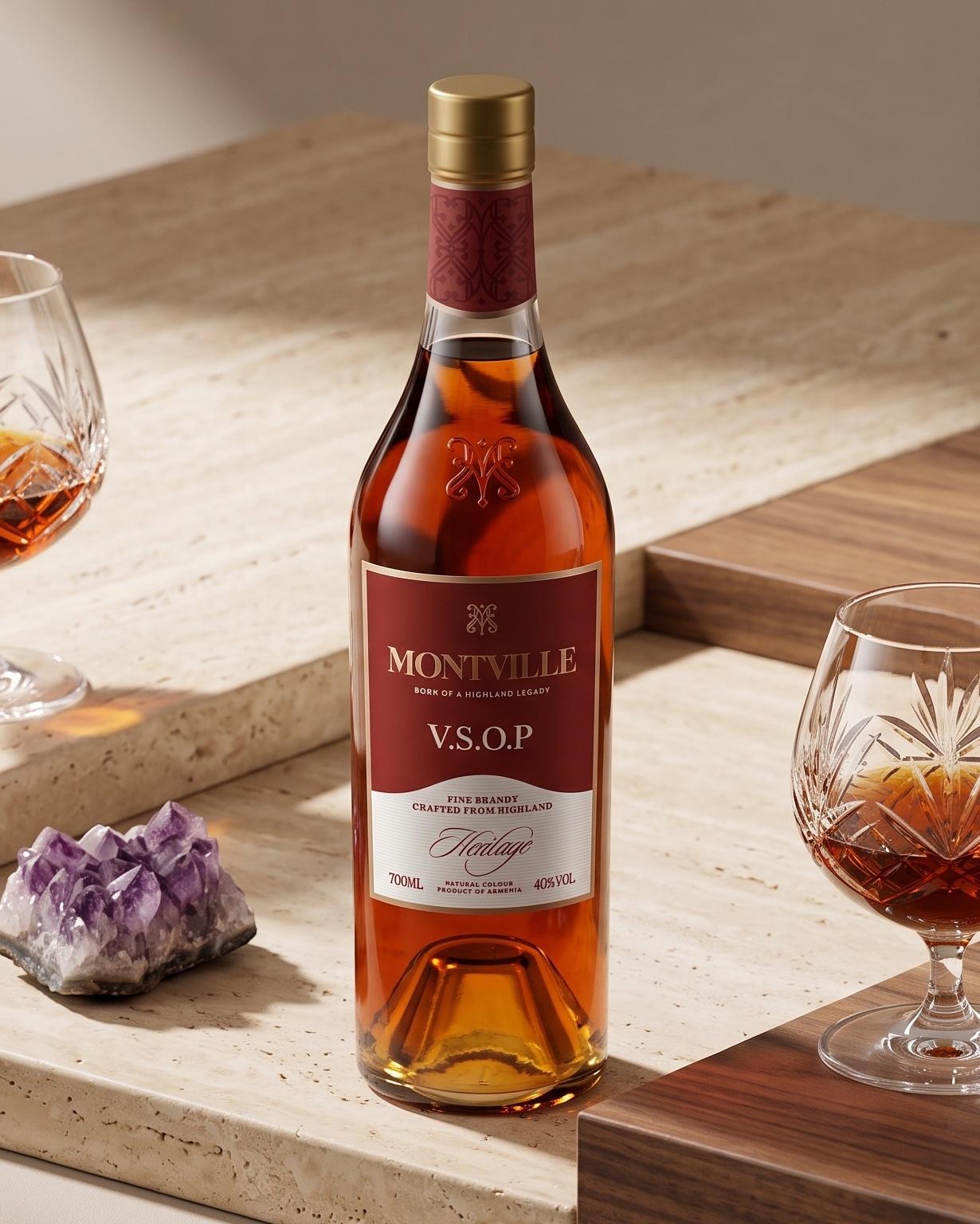 Montville V.S.O.P sur du travertin, près de verres à dégustation en cristal taillé et d'une améthyste brute.